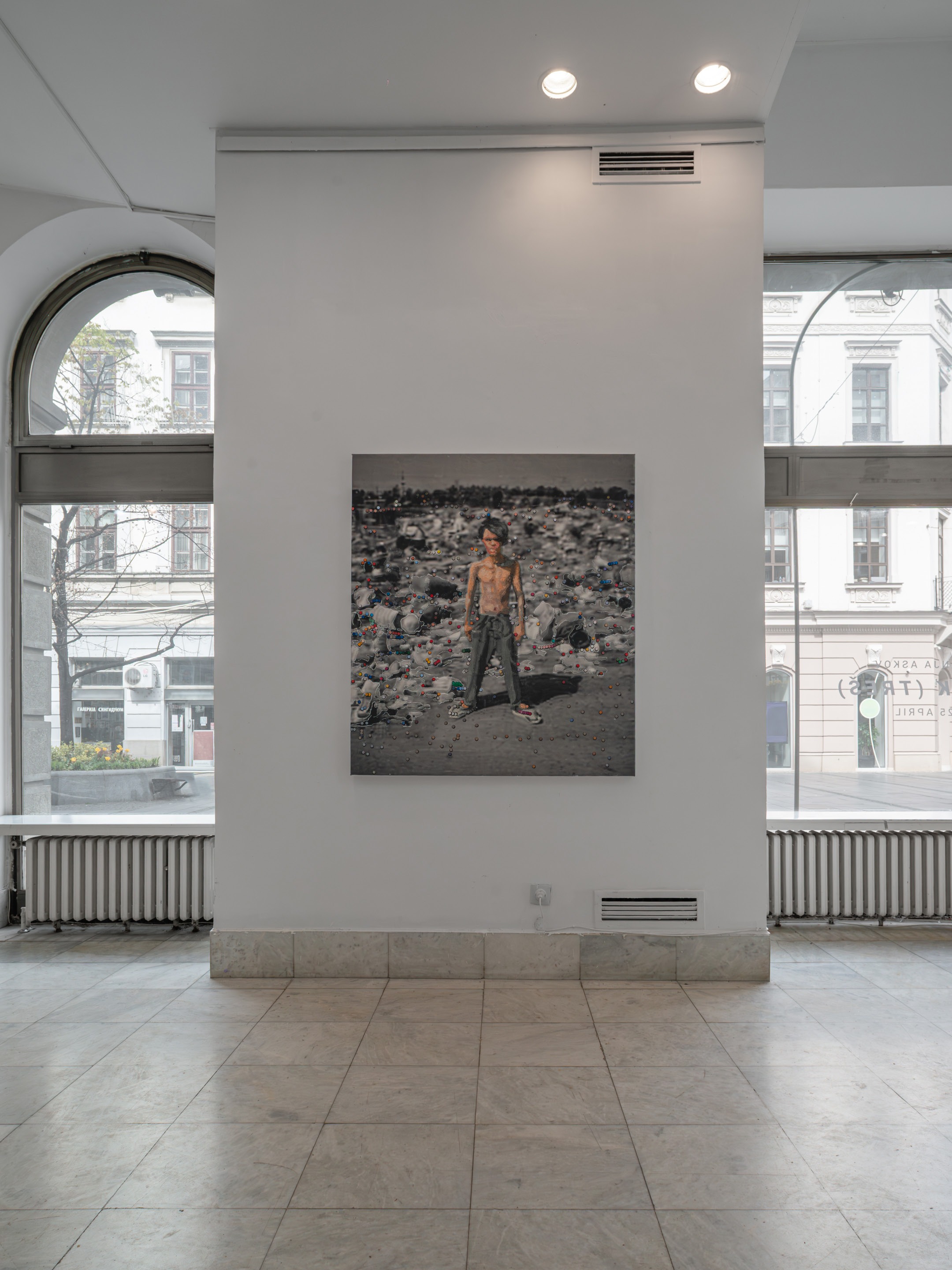 Junkscape, 2026, oil, chalk and vinyl on UV-printed canvas, Galerija ULUS, Belgrade, installation view.