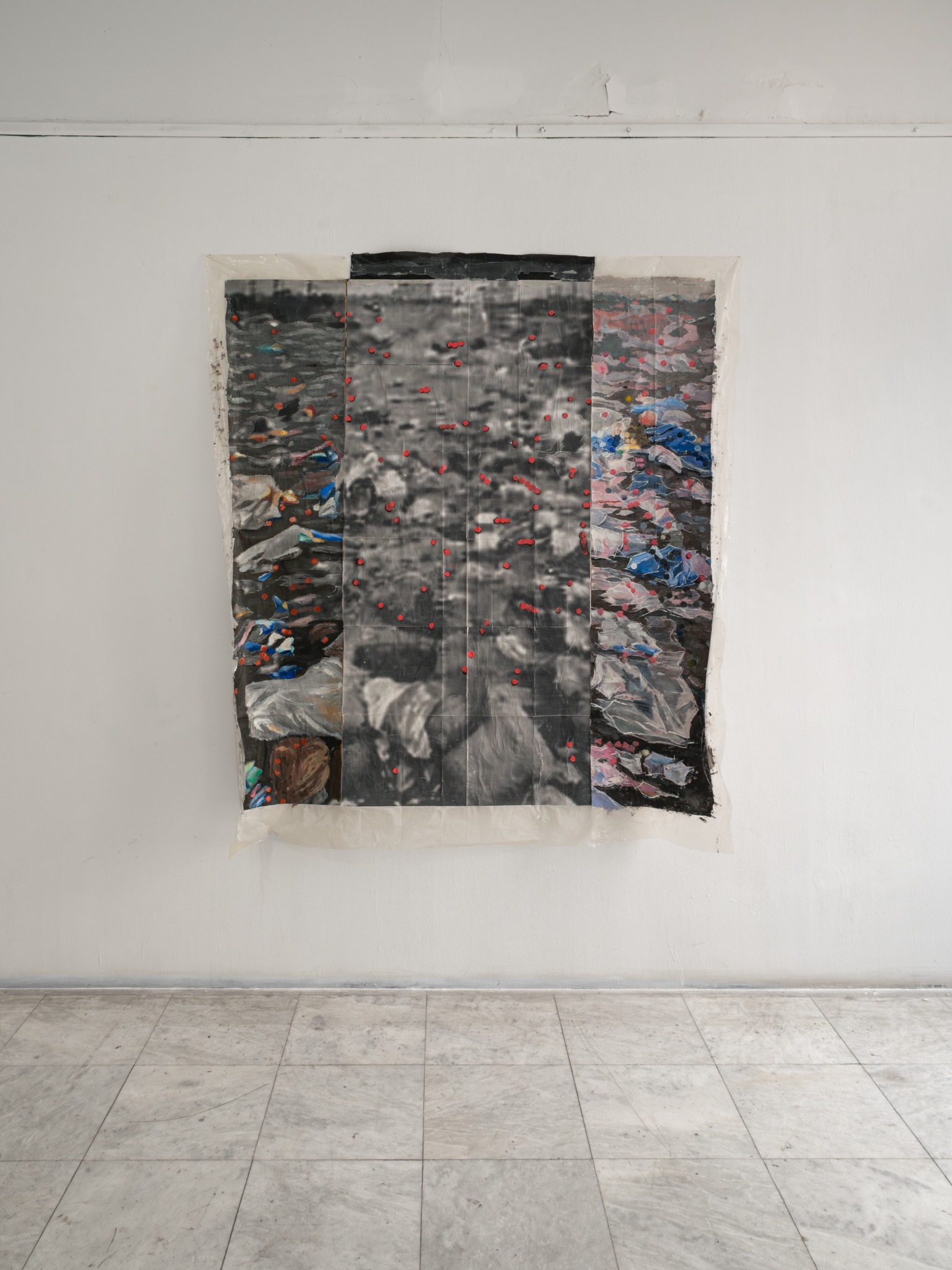 Junkscape on junk, 2026, paint and printed paper on plastic support, unstretched painting, Galerija ULUS, Belgrade, installation view.