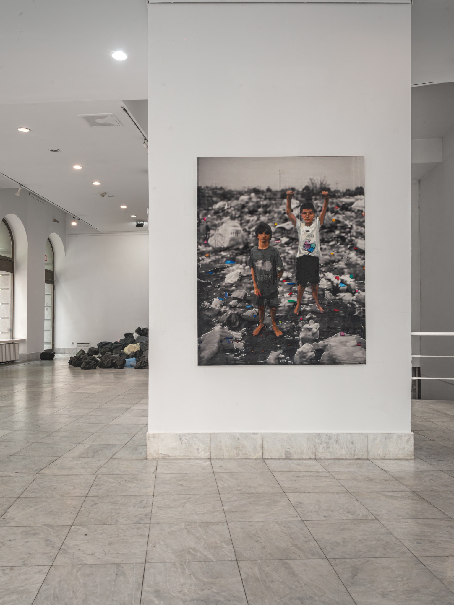 Junkscape, 2026, oil, chalk and vinyl on UV-printed canvas, Galerija ULUS, Belgrade, installation view.